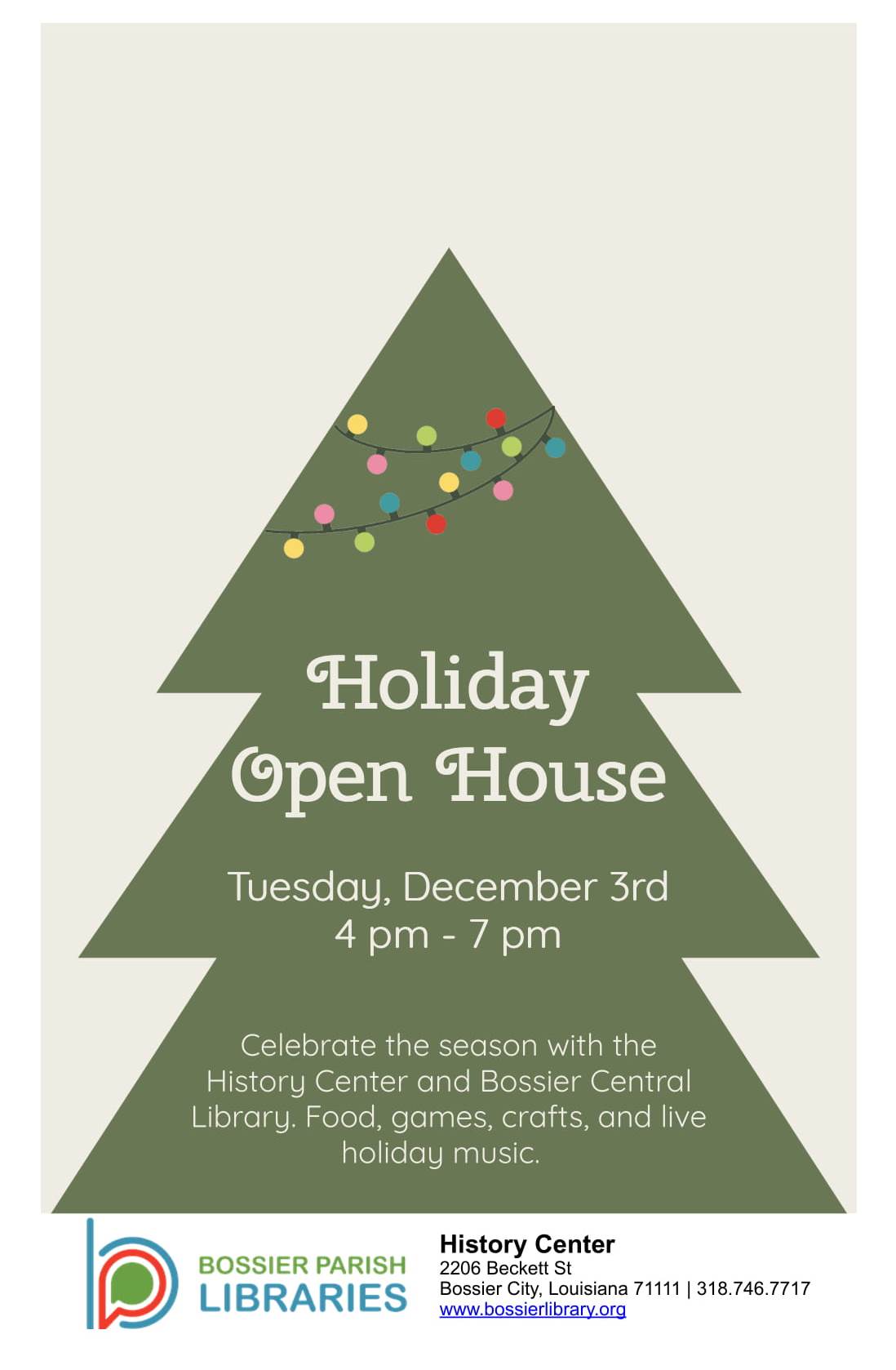 Holiday open house flyer with evergreen