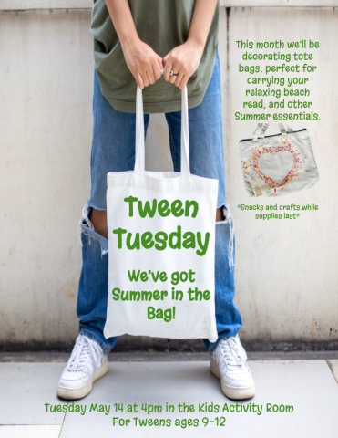 Flyer for Tween Tuesday showing tote painting craft